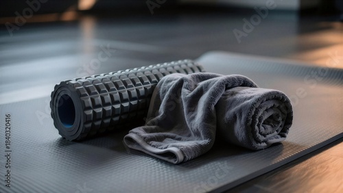 Foam roller and towel resting on a yoga mat, ready for a relaxing workout session.