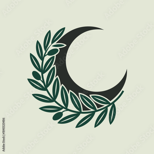 Ramadan Crescent Moon with Olive Branch Symbol for Eid Celebration
