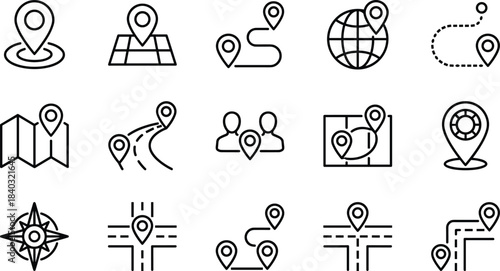 Map and location icons set, navigation vector, gps symbols, route planning, travel destination, pin pointer, outline style illustration.