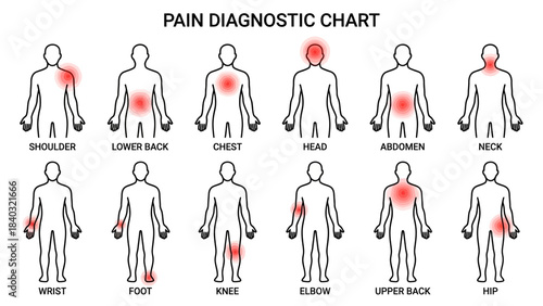 Pain Diagnostic Chart – Visual Guide to Human Body Pain Locations Including Head, Neck, Back, Joints, Chest, Abdomen, and Limbs for Medical Reference