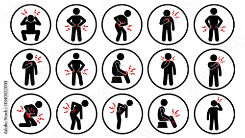 Body Pain Icons – Silhouette Figures with Red Indicators Showing Head, Neck, Back, Chest, Joint, and Limb Discomfort for Medical Reference