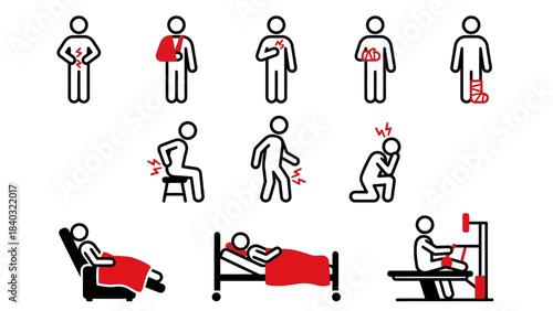 Body Pain Illustrations – Visual Icons of Common Injuries Including Headache, Chest, Joint, Muscle, and Postural Discomfort for Medical and Educational Use