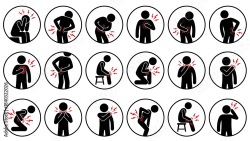 Body Pain Icons – Silhouette Figures with Red Indicators Showing Head, Neck, Back, Chest, Joint, and Limb Discomfort for Medical Reference