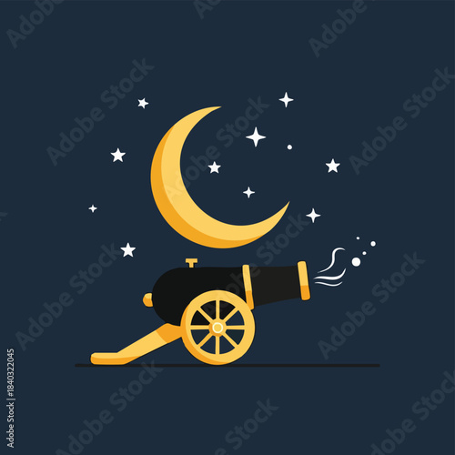A stylized illustration of a cannon firing under a crescent moon and stars in a dark night sky, symbolizing Ramadan.
