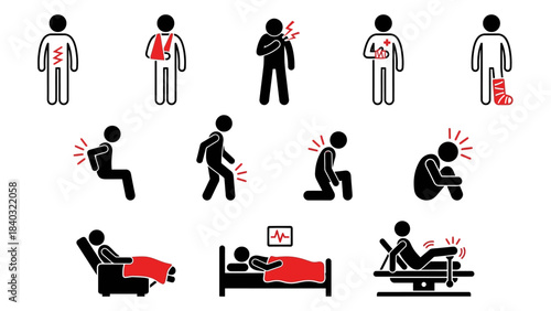 Physical Pain and Recovery Icons – Silhouette Illustrations of Injury, Discomfort, Medical Care, and Rehabilitation Activities for Health, Therapy, and Safety Awareness