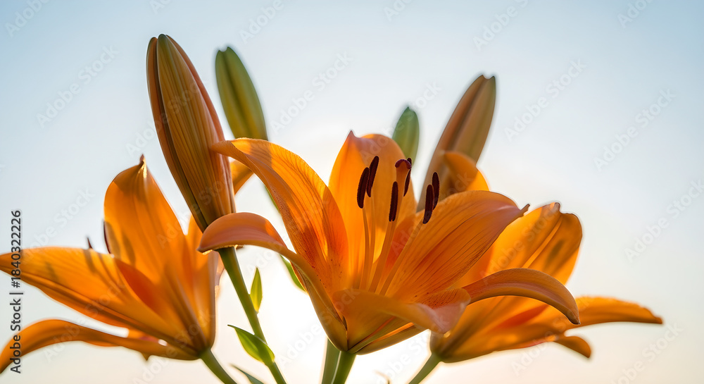 Obraz premium Orange Lilies Buds Bloom Sunlit Sky Floral Copy Space