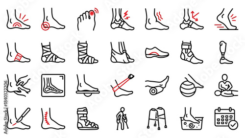 Foot and Ankle Health Icons – Labeled Visuals of Pain, Injury, Devices, Therapy, and Rehabilitation for Medical, Diagnostic, and Educational Use