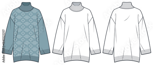 Knit Dress Technical Fashion Illustration. Turtleneck Long Sweater fashion flat technical drawing template, long sleeve, oversize, front and back view, white, blue, women CAD mockup set.