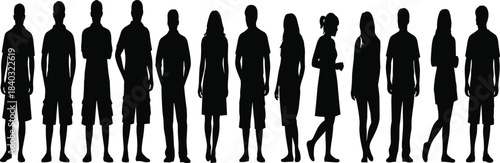 Diverse Group of People Silhouettes: Men and Women in Casual Summer Attire Standing and Walking, Ideal for Lifestyle, Crowd, and Design Graphics