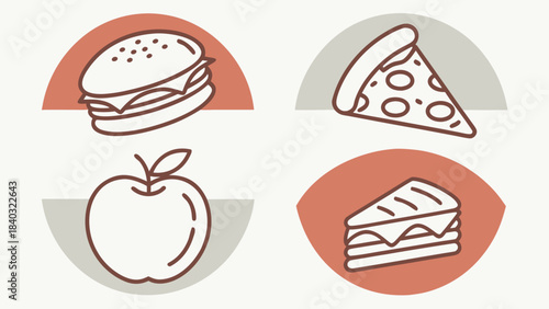 Vector illustration set of fruit icons and cartoon fast food restaurant meal designs