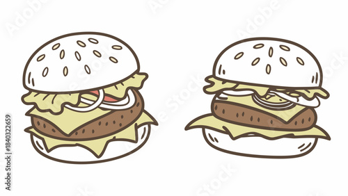 Fast food hamburger meal with cheese and vegetables isolated on white background