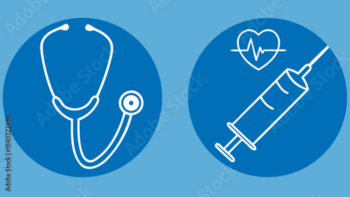 Vector stethoscope and syringe icons illustration symbol set on blue background
