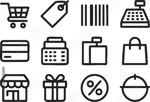 Black outline icons of shopping cart tag barcode cash register credit card gift store price