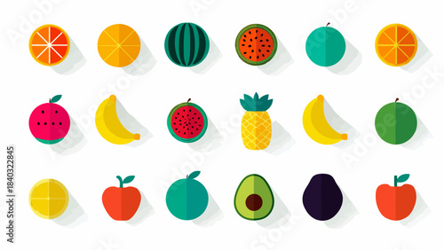 A vibrant collection of various fresh fruits depicted in a modern flat design style with long shadows, arranged neatly on a white background.