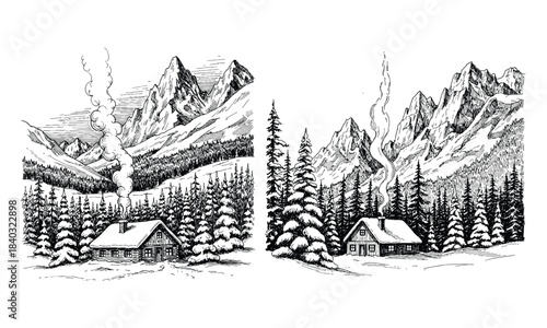 Black and white illustration of two cabins in snowy mountain landscape with trees