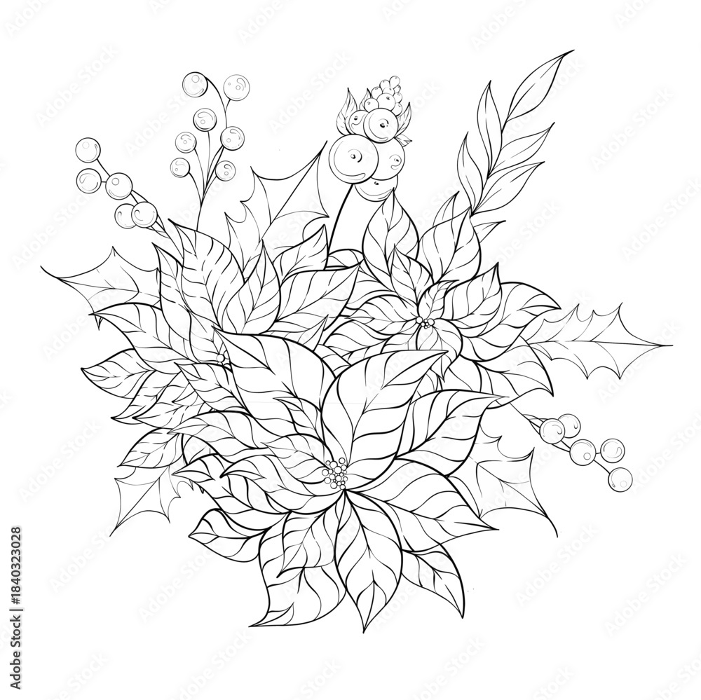 Fototapeta premium Floral Arrangement Featuring Poinsettias Holly and Berries in Simple Line Art Style Showcasing Natures Beauty and Holiday Themes
