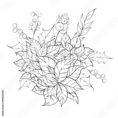 Floral Arrangement Featuring Poinsettias Holly and Berries in Simple Line Art Style Showcasing Natures Beauty and Holiday Themes
