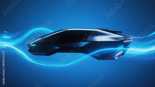 A sleek futuristic car glides through a blue neon-lit tunnel, exuding speed and advanced technology.