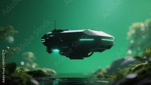 A futuristic spacecraft hovers over a misty, neon-lit jungle with glowing green lights and lush vegetation.