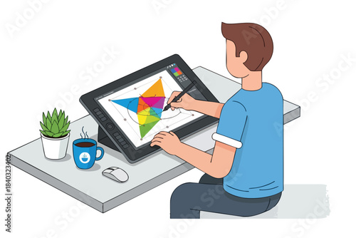 Man designing graphic on digital tablet