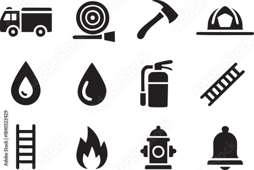 Collection of black firefighter icons including truck hose axe helmet water drops extinguisher ladder fire hydrant bell