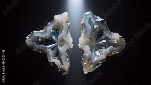 Two crystalline geodes illuminated by a spotlight, expressing elegance and mystery, used in luxury design or scientific visuals.