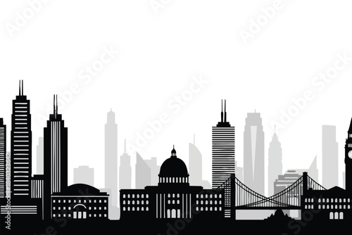 Silhouette of City Skyline with Skyscrapers and Bridge