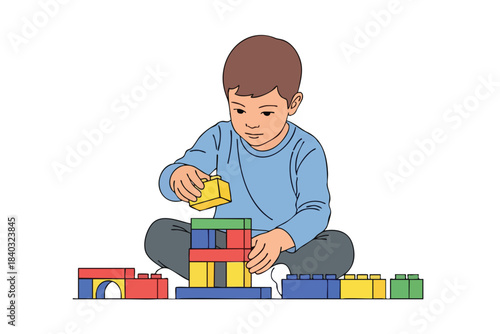 Young Boy Building with Colorful Blocks