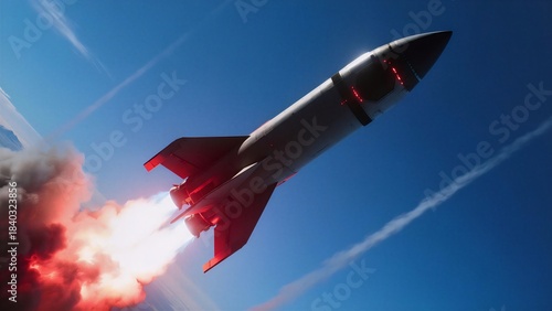 A rocket launching into the sky with fiery exhaust, expressed power and speed, used in space exploration scenes.