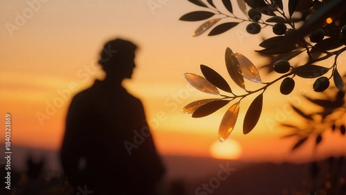 Silhouette of a man against sunset, olive branch in foreground, expressed peace or Used in meditation scenes