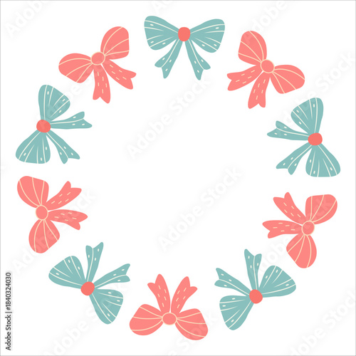 Festive frame with a circle of bows. Round frame with hand drawn doodles of festive bows. Arranged in a circle for stickers, banners, flyers, announcements. Flat vector, isolated on white background.