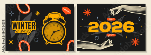 Bold halftone collage posters with retro New Year 2026 themes, including alarm clock, abstract hands, starbursts, and “Winter is Coming” lettering in pop-art style on dark textured backgrounds.