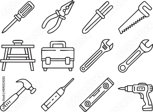 Collection of black outline illustrations of various hand tools and a toolbox work equipment