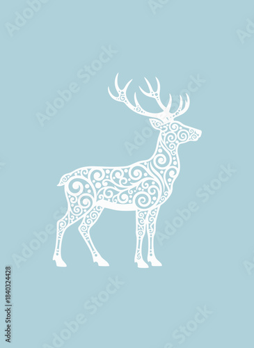 A white ornate stag with intricate swirling patterns on its body stands against a light blue background.