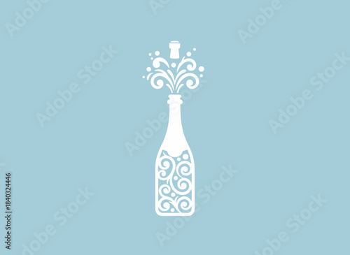 A white stylized champagne bottle with ornate swirling patterns and a burst of bubbles erupting from the top, set against a light blue background.