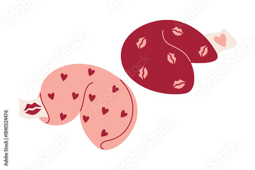 Valentine Fortune Cookies with Hearts, Lips, and Love themed messages. Valentine's Day illustration
