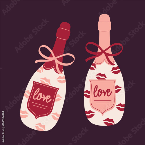 Two Love Themed Champagne Bottles with kiss marks and bows. Valentine's Day vector illustration