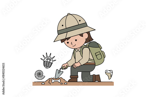 Young Paleontologist Uncovering Fossil Remains