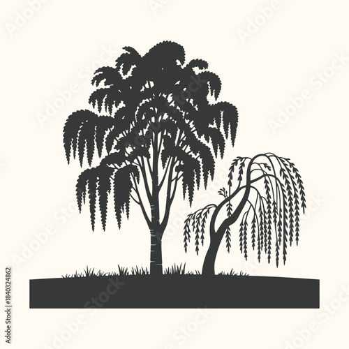 Silhouettes of Two Trees with Grass and Ground Line nature