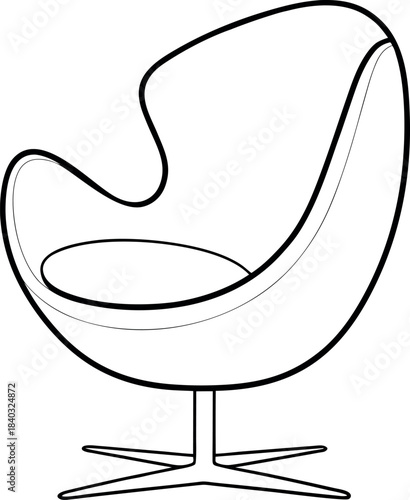 Egg Chair Line Drawing with Four Point Base and Curved Back for Modern Interior Design