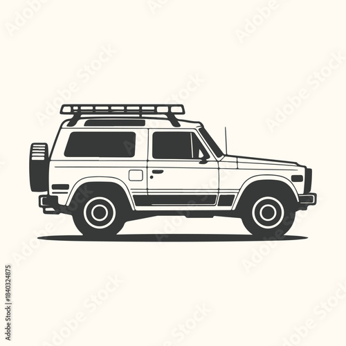 Vintage Off- Road Vehicle Silhouette with Roof Rack and Spare Tire off-road