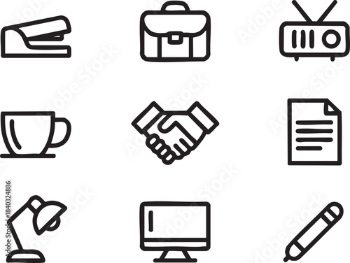 Collection of nine black outline icons representing office and business items stapler briefcase