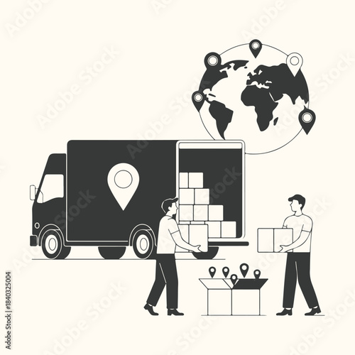 Global delivery service with truck people boxes and globe on cream background delivery