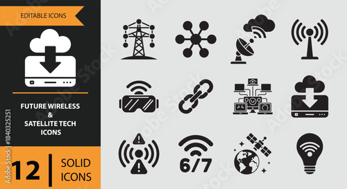 12 Future Wireless and Satellite Tech Icons solid icon set. wireless signal satellite communication solid icons