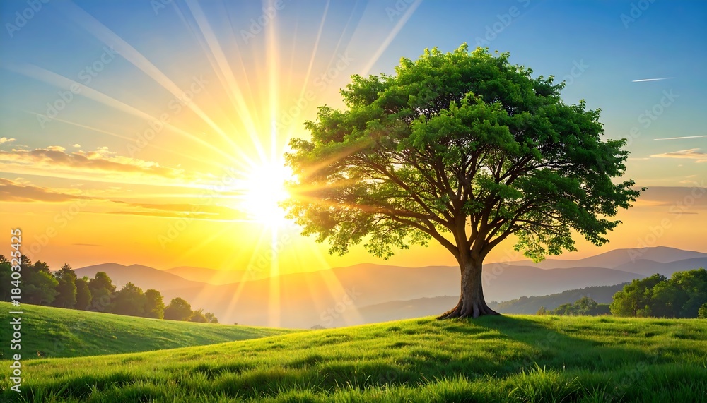 Fototapeta premium Sunrise over a grassy hill with a lone tree
