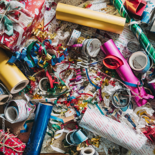 chaotic mess of christmas gift wrapping supplies paper tape and ribbons
