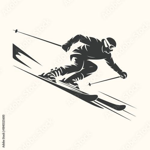 Dynamic silhouette of a skier descending a slope with motion lines skiing snow
