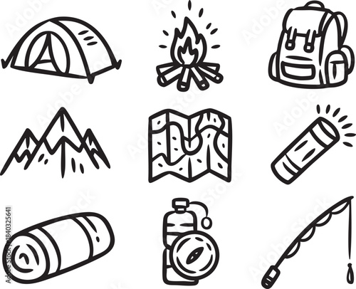 Set of hand drawn camping and outdoor adventure icons including tent backpack campfire mountains map flashlight sleeping bag water bottle