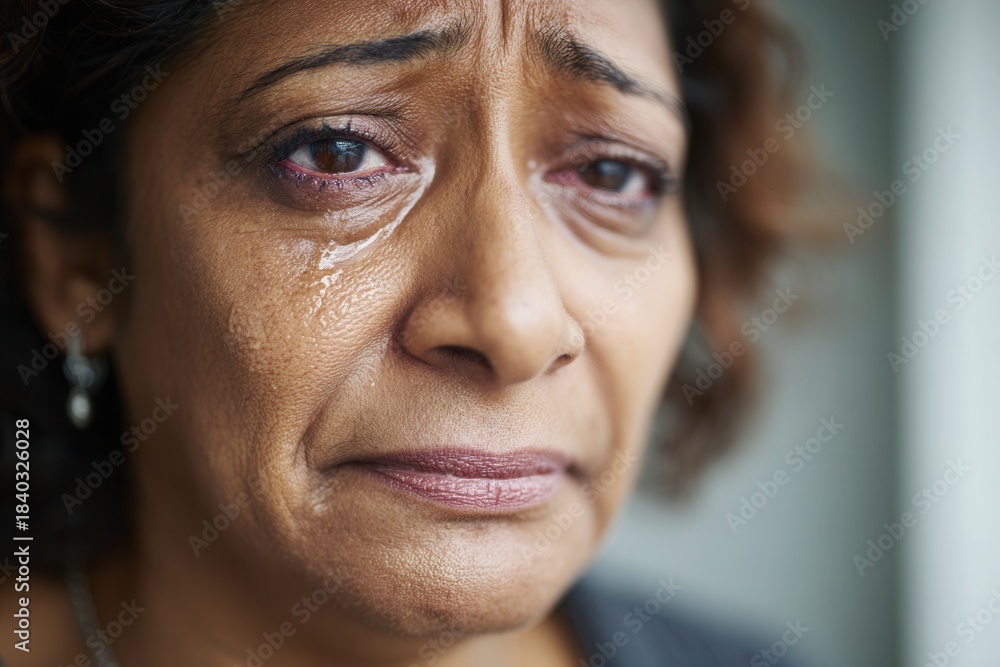 Fototapeta premium Close-up Middle Eastern woman crying with mascara smudge and swollen eyes.