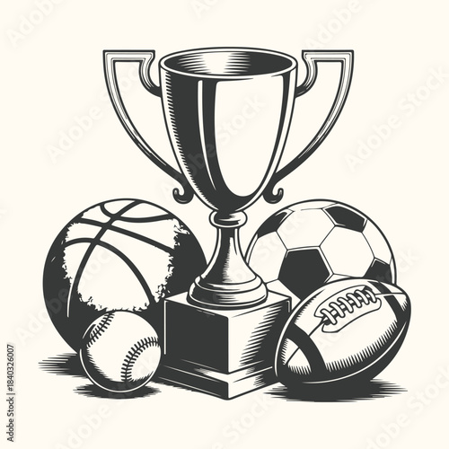 Sports Trophy Surrounded by Balls and American Football award winner